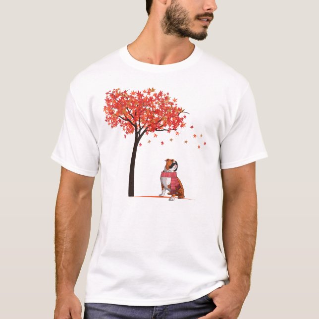 English Bulldog Maple Tree Thanksgiving Day Cute D T-Shirt (Front)