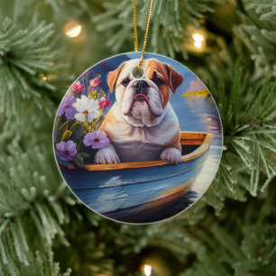 English Bulldog on a Paddle: A Scenic Adventure Ceramic Tree Decoration