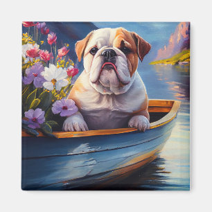 English Bulldog on a Paddle: A Scenic Adventure Magnet