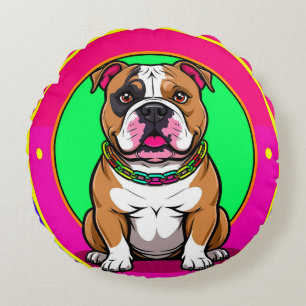 English Bulldog on a Vibrant Background Round Cushion