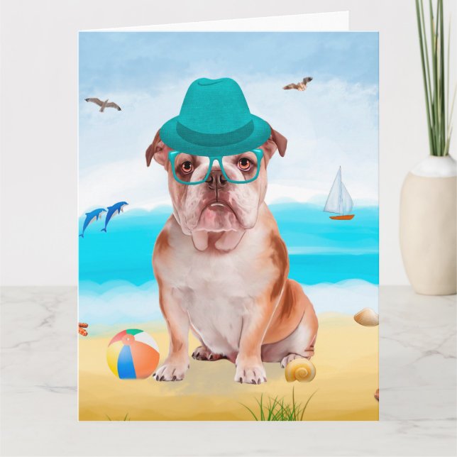 English Bulldog on Beach Card (Front)
