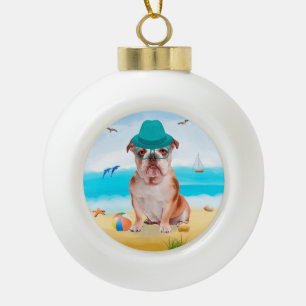 English Bulldog on Beach  Ceramic Ball Christmas Ornament
