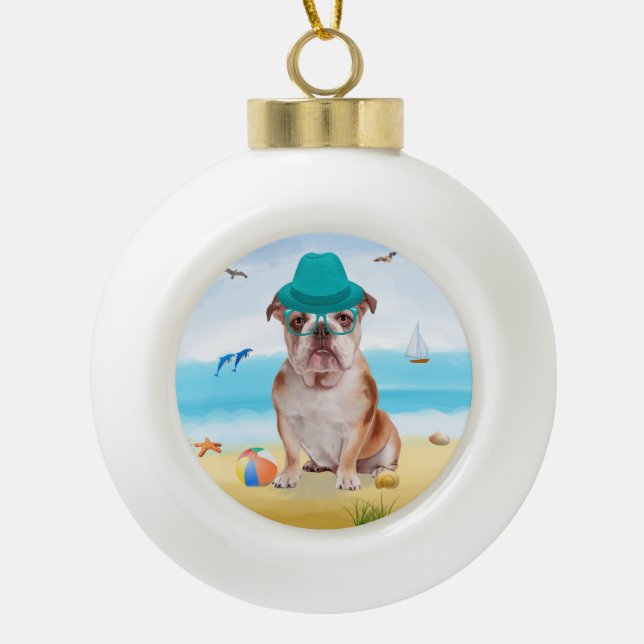 English Bulldog on Beach  Ceramic Ball Christmas Ornament (Front)