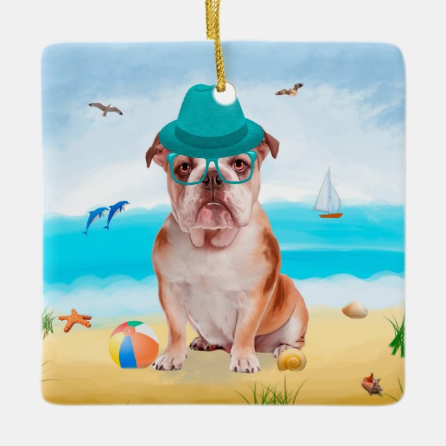 English Bulldog on Beach Ceramic Ornament (Front)