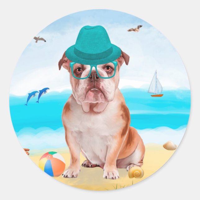 English Bulldog on Beach Classic Round Sticker (Front)