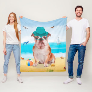 English Bulldog on Beach Fleece Blanket