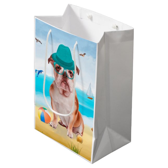 English Bulldog on Beach Medium Gift Bag (Front Angled)
