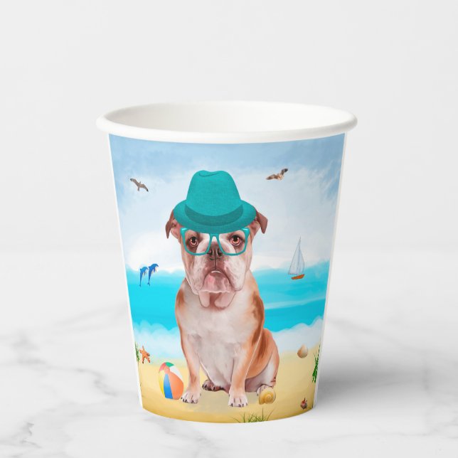English Bulldog on Beach Paper Cups (Front)