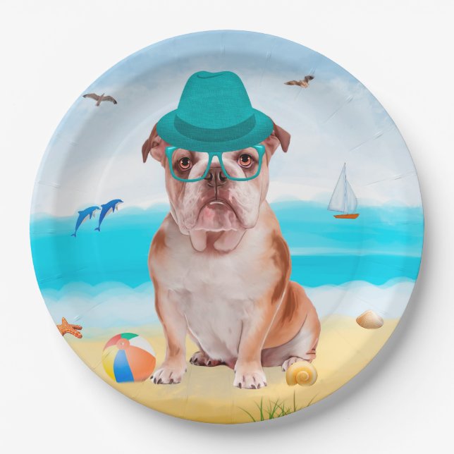 English Bulldog on Beach Paper Plate (Front)