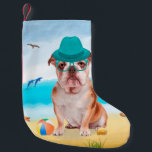 English Bulldog on Beach Small Christmas Stocking<br><div class="desc">Cute dog sitting on beach is a perfect gift idea for someone who love this dog breed.</div>