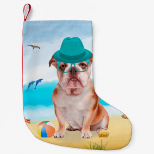 English Bulldog on Beach Small Christmas Stocking