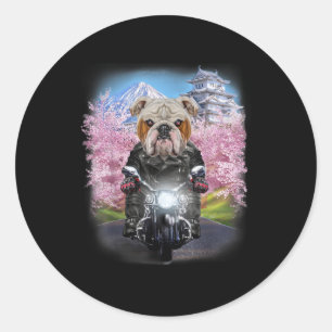 English Bulldog On Motorcycle Tour Japanese Garden Classic Round Sticker