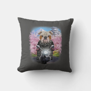 English Bulldog On Motorcycle Tour Japanese Garden Cushion