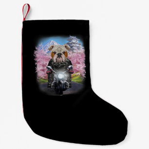 English Bulldog On Motorcycle Tour Japanese Sakura Small Christmas Stocking