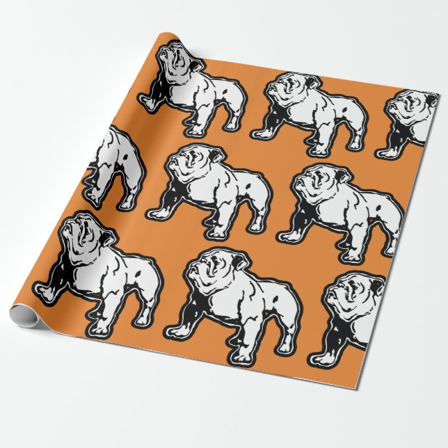 English Bulldog Orange Print Birthday Wrapping Paper (Unrolled)