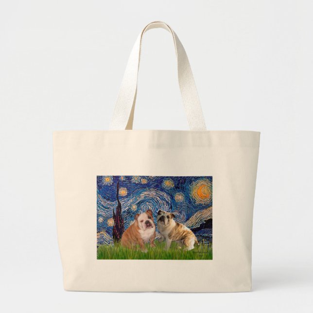 English Bulldog Pair 2 - Starry Night Large Tote Bag (Front)