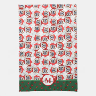 English Bulldog Pattern Monogram Christmas Dog Tea Towel