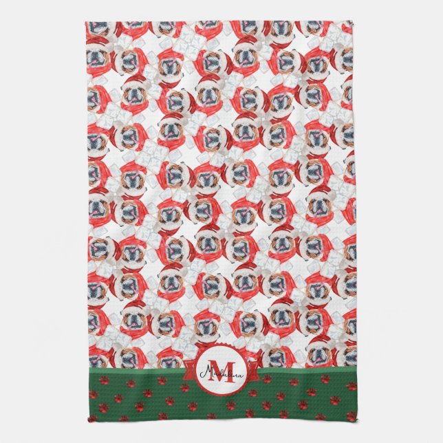 English Bulldog Pattern Monogram Christmas Dog Tea Towel (Vertical)