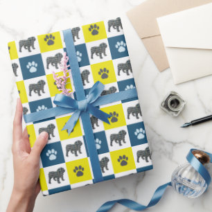 English Bulldog & Paw Silhouette Yellow&Blue Grid Wrapping Paper
