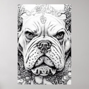 English Bulldog Pet Wild Nature Illustration Line  Poster