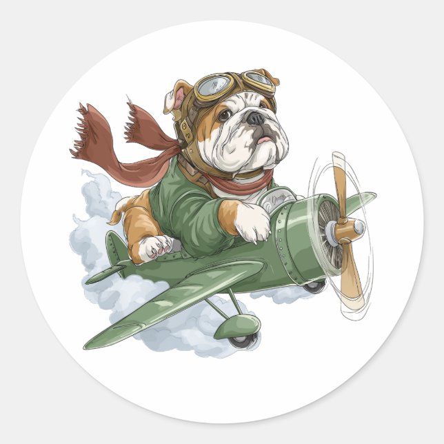 English Bulldog Pilot Aeroplane Classic Round Sticker (Front)