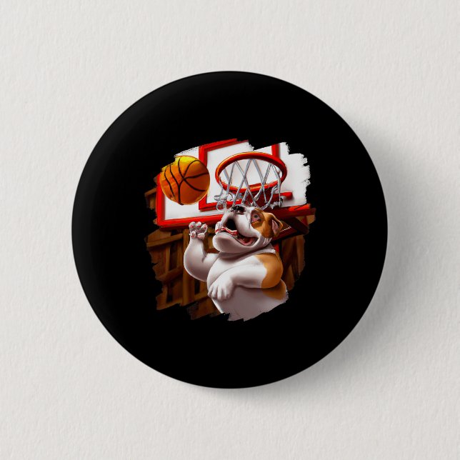 English Bulldog Playing Basketball Fun Dog Basketb 6 Cm Round Badge (Front)