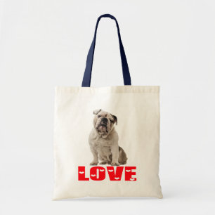 English Bulldog  Puppy Brown & White Dog Red Love Tote Bag