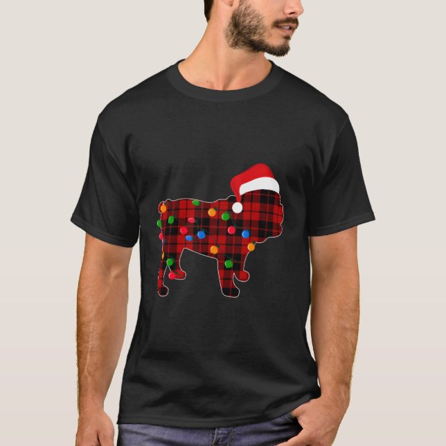 English Bulldog Red Plaid Pajama Dog Christmas Lig T-Shirt (Front)