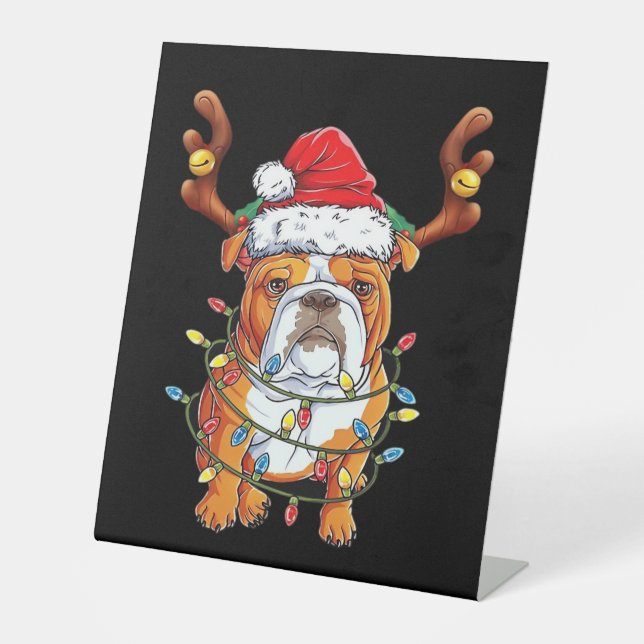 English Bulldog Reindeer Funny Christmas Essential Pedestal Sign (Front)