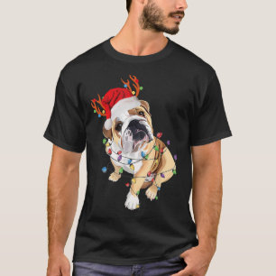 English Bulldog Reindeer Santa Hat Christmas Light T-Shirt