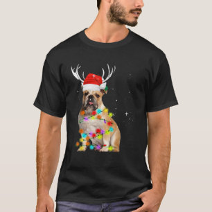 English Bulldog Reindeer Santa Hat Christmas Light T-Shirt