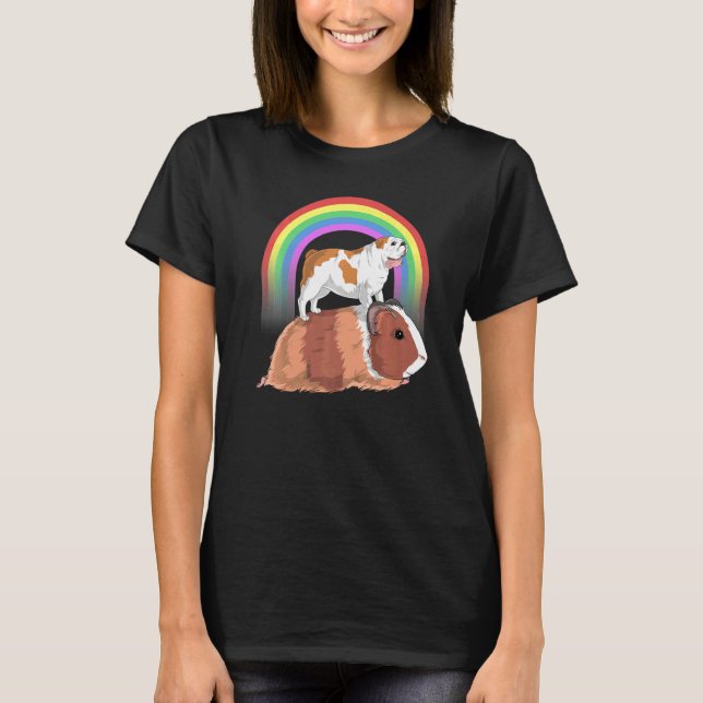English Bulldog Riding Guinea Pig  Bulldog Rainbow T-Shirt (Front)