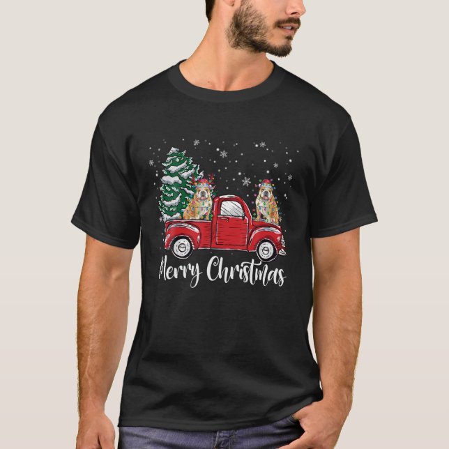English Bulldog Riding Red Truck Christmas Tree Do T-Shirt (Front)
