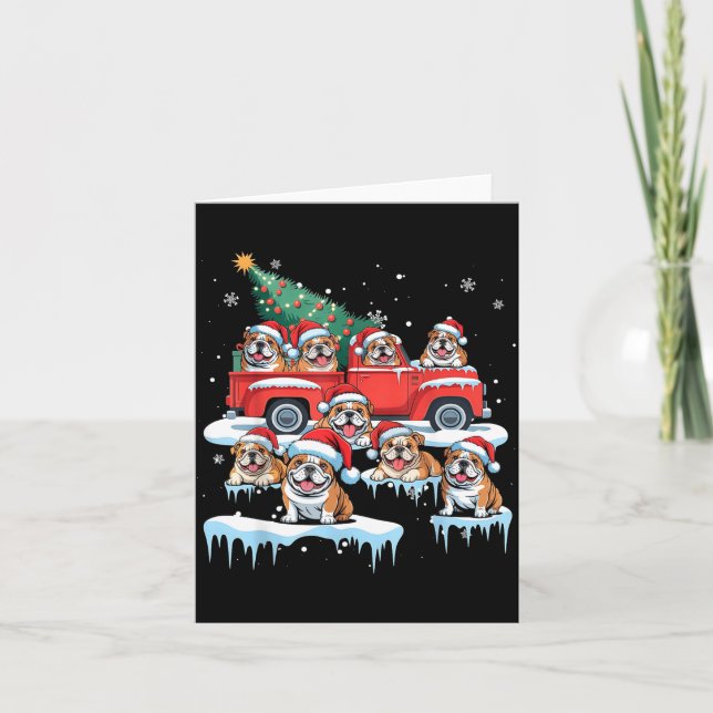 English Bulldog Riding Red Truck Ugly Sweater Chri Card (Front)