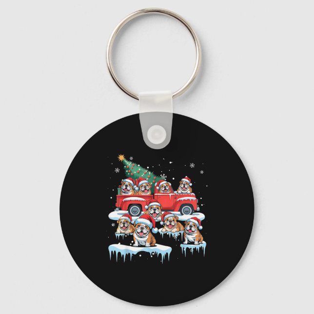 English Bulldog Riding Red Truck Ugly Sweater Chri Key Ring (Front)