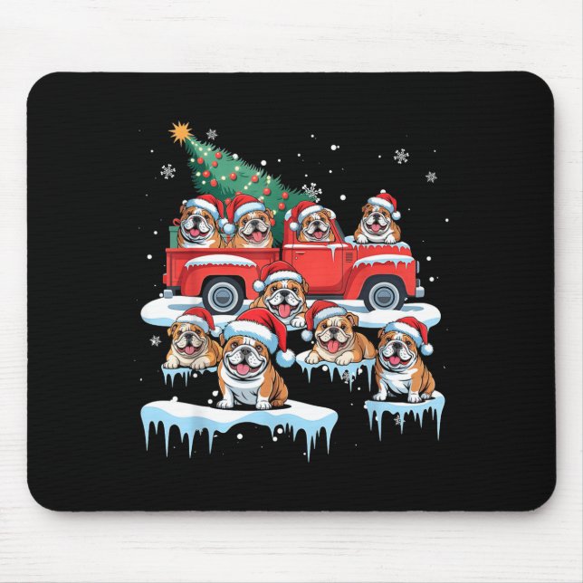 English Bulldog Riding Red Truck Ugly Sweater Chri Mouse Mat (Front)
