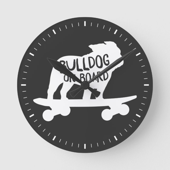 English Bulldog Riding Skateboard Bulldog on Board Round Clock (Front)