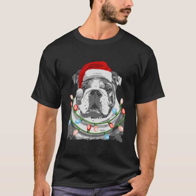 English Bulldog Santa Christmas Tree Lights Xmas G T-Shirt (Front)