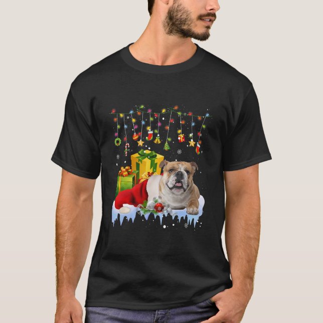 English Bulldog Santa Hat Christmas Lights T-Shirt (Front)