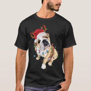 English Bulldog Santa Hat Reindeer Christmas Light T-Shirt