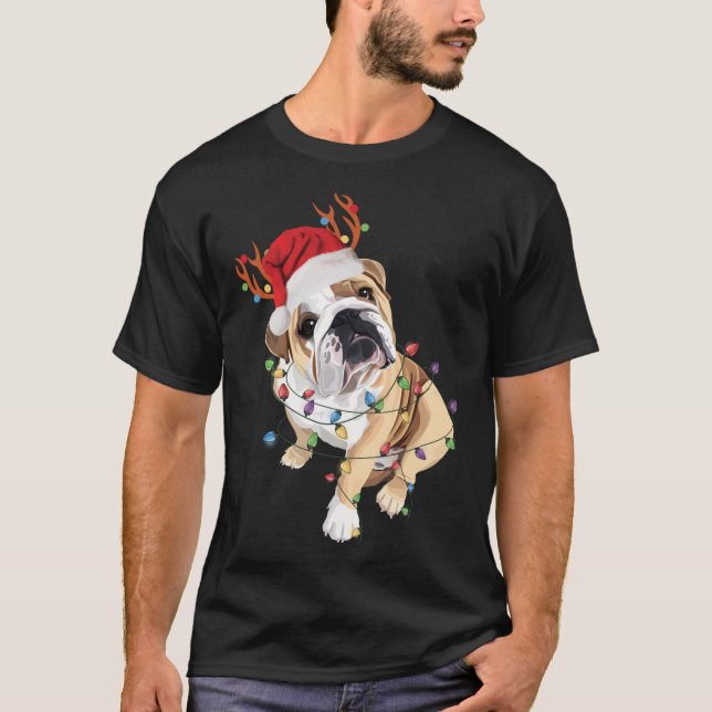 English Bulldog Santa Hat Reindeer Christmas Light T-Shirt (Front)