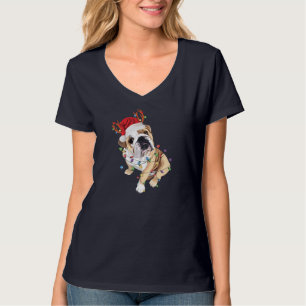 English Bulldog Santa Hat Reindeer Christmas Light T-Shirt