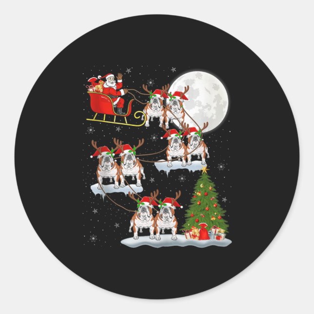 English Bulldog Santa Sleigh Flying Funny Magical  Classic Round Sticker (Front)