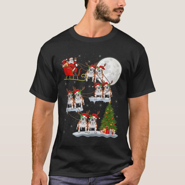 English Bulldog Santa Sleigh Flying Funny Magical  T-Shirt (Front)