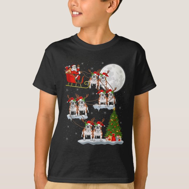 English Bulldog Santa Sleigh Flying Funny Magical  T-Shirt (Front)