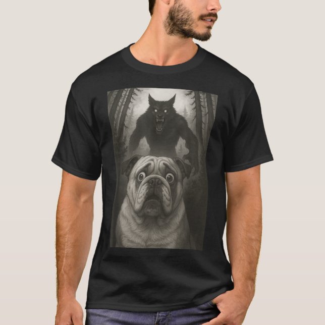 English Bulldog Selfie With Werewolf Funny  T-Shirt (Front)