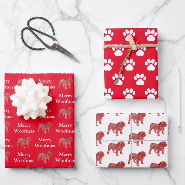English Bulldog Silhouette Red Merry Woofmas Wrapping Paper Sheet (Front)