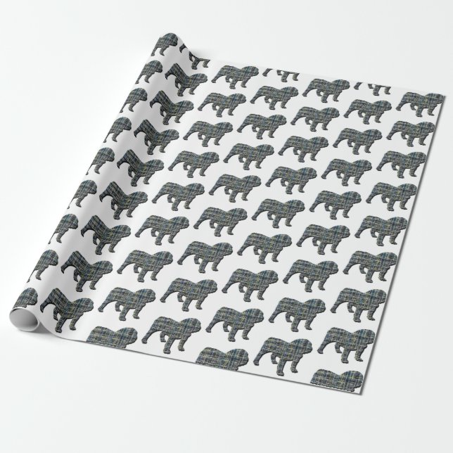 English Bulldog Silhouette Y&B Grid White Wrapping Paper (Unrolled)