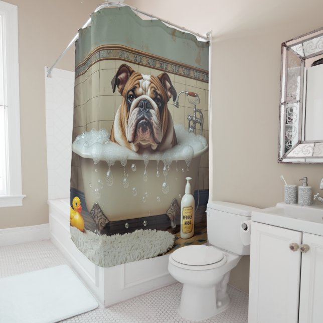 English Bulldog Sloppy Sleepy Cute Funny Shower Curtain (In Situ)