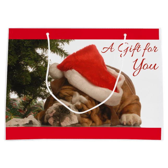 English Bulldog Snoozing Large Christmas Gift Bag (Front)